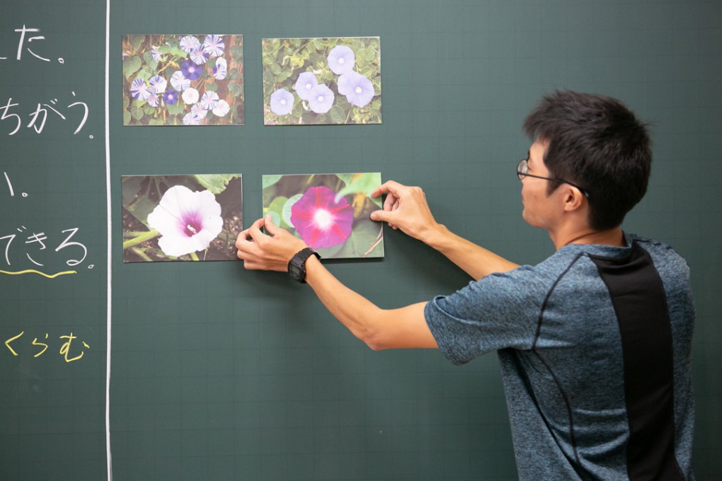 写真、4種類の花の写真を黒板に貼って尼いもの花を当てるクイズの様子