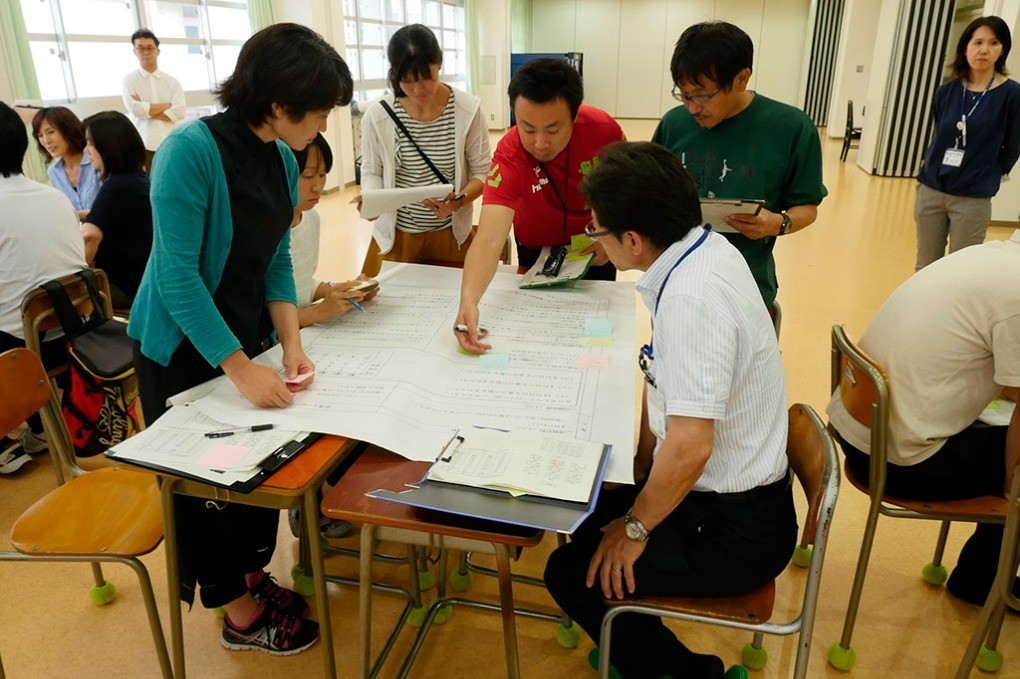 写真、公開授業後、グループで話し合う先生たちの様子